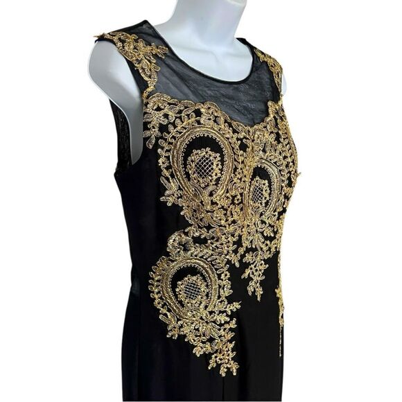 Black And Gold Mesh Embroidered Full Train Gown Evening Dress Size M - Picture 5 of 10